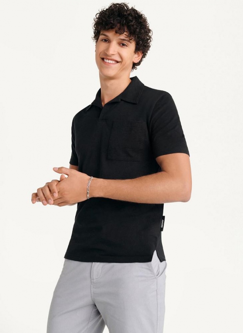 Black DKNY Cotton Slub Jersey Single Breast Men's Polo Shirts | USA-D0427