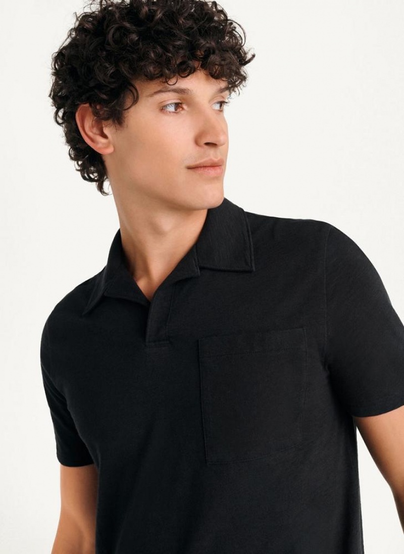 Black DKNY Cotton Slub Jersey Single Breast Men\'s Polo Shirts | USA-D0427