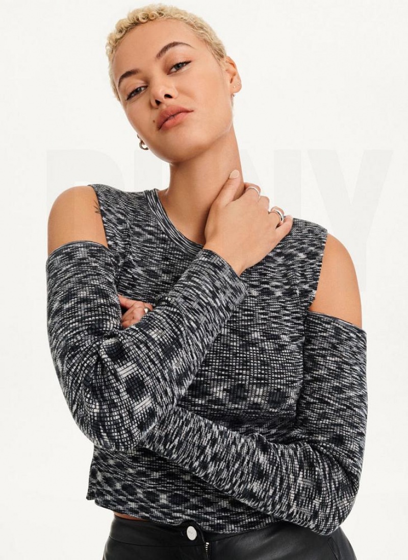 Black DKNY Crewneck Cut Out Shoulder Women's Sweaters | USA-D1331