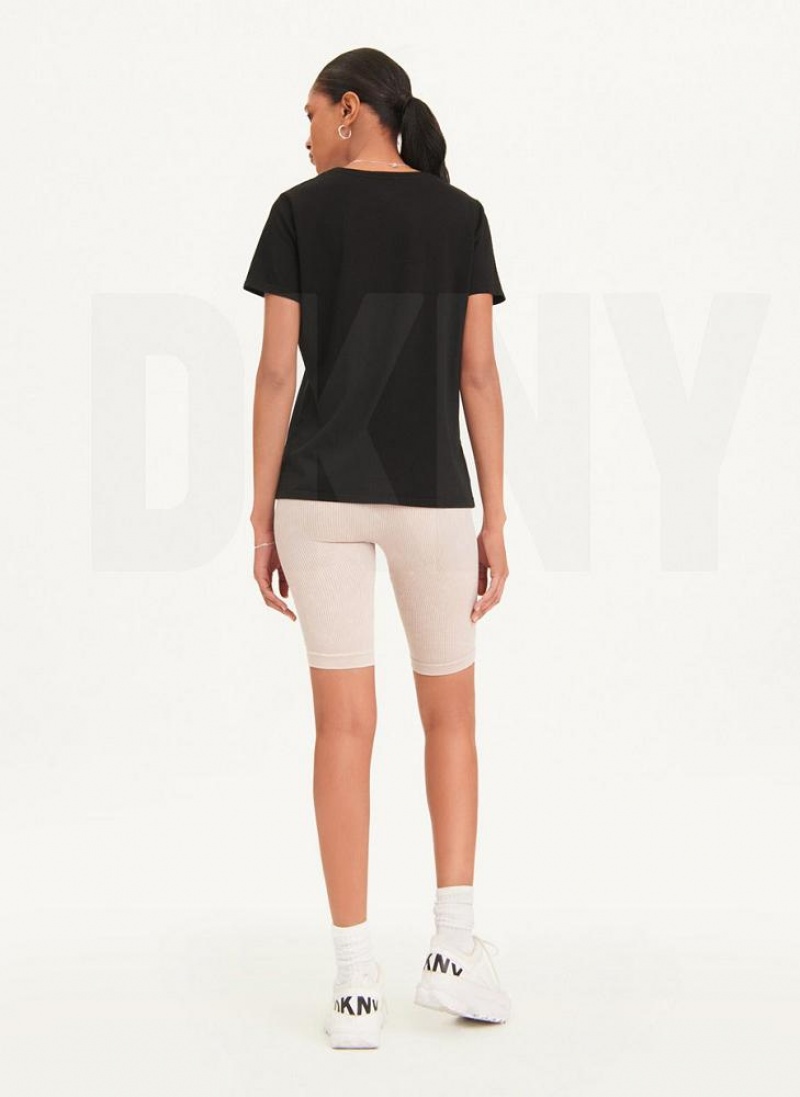 Black DKNY Crinkle Foil Spec Logo Women's T Shirts | USA-D0491