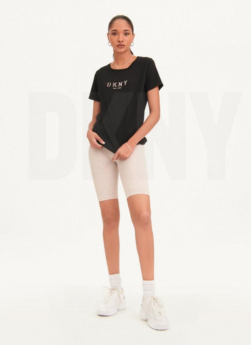 Black DKNY Crinkle Foil Spec Logo Women's T Shirts | USA-D0491