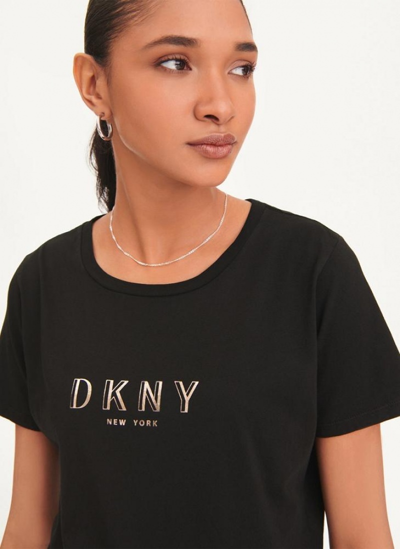 Black DKNY Crinkle Foil Spec Logo Women's T Shirts | USA-D0491