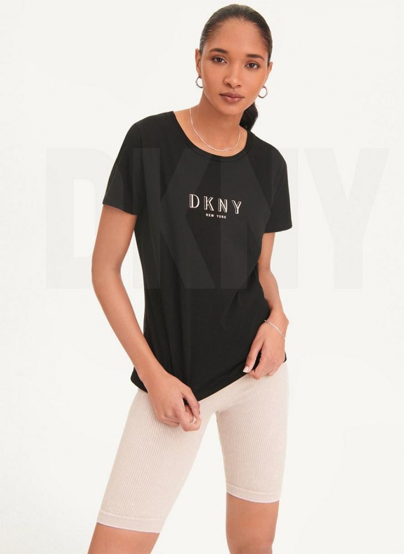 Black DKNY Crinkle Foil Spec Logo Women\'s T Shirts | USA-D0491