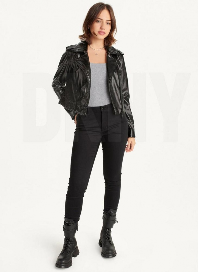 Black DKNY Crinkle Moto Women's Jackets | USA-D1953
