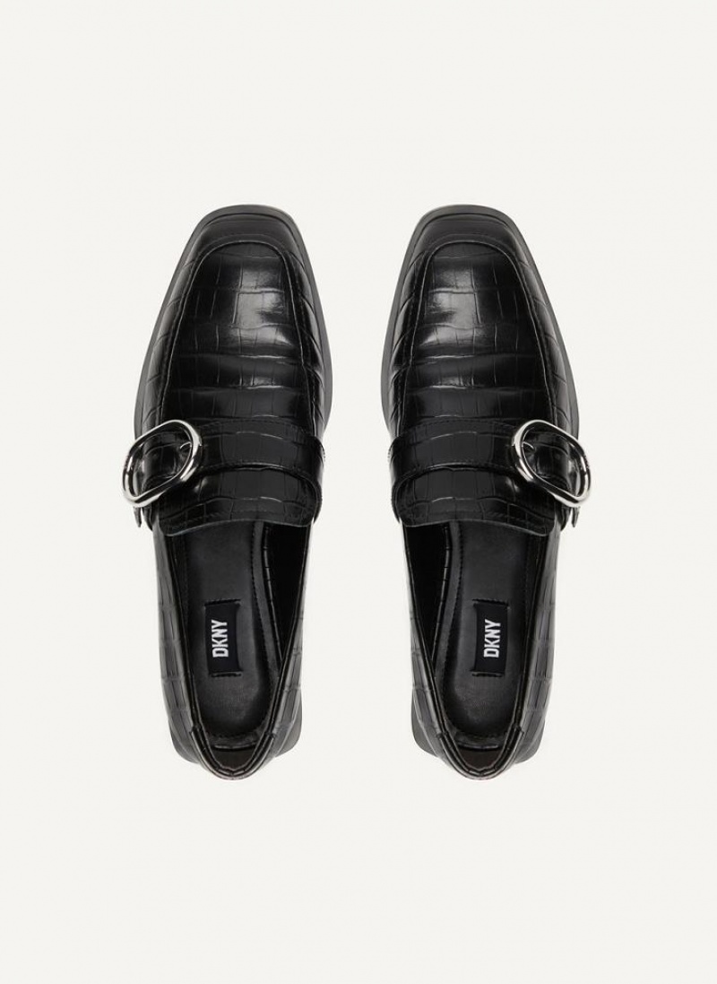 Black DKNY Croco Buckle Shoes Loafers | USA-D0793