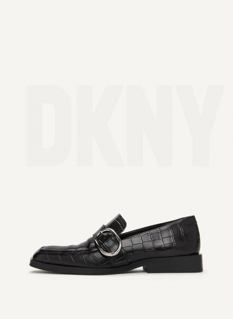 Black DKNY Croco Buckle Shoes Loafers | USA-D0793