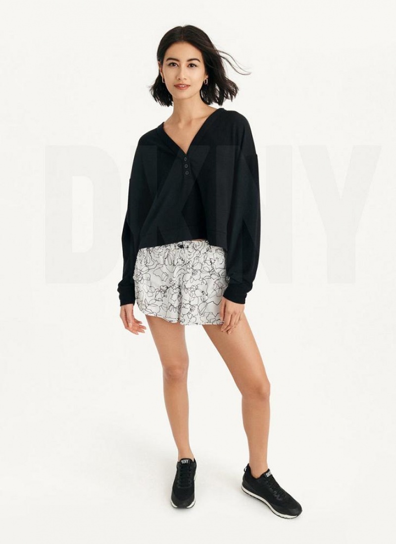 Black DKNY Cropped Henley Lounge Pullover Women's Sweatshirts | USA-D0813