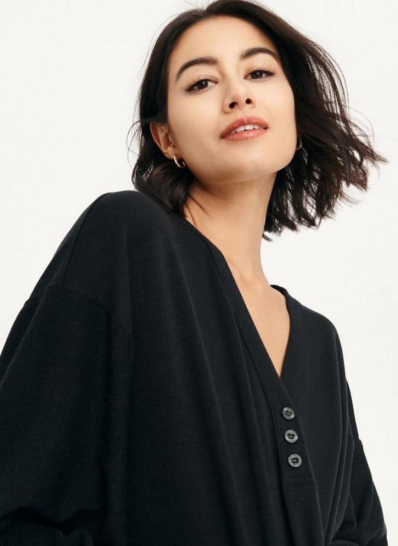 Black DKNY Cropped Henley Lounge Pullover Women's Sweatshirts | USA-D0813