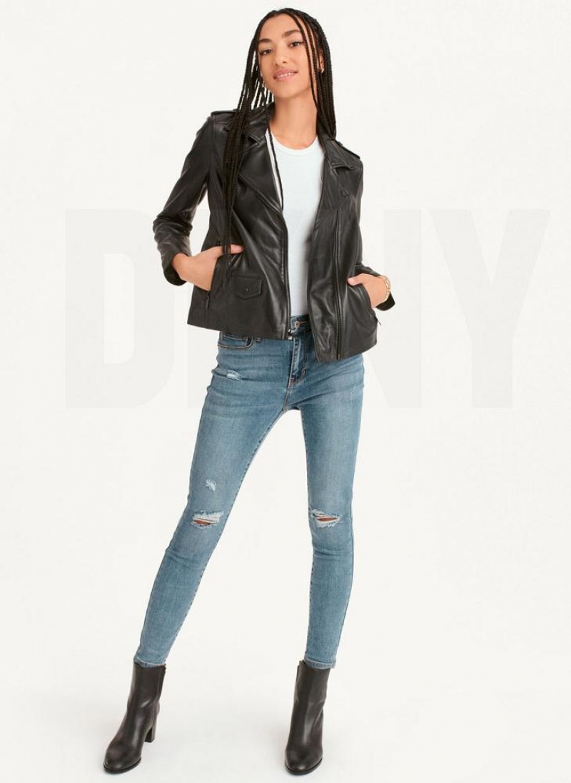 Black DKNY Cropped Leather Women's Jackets | USA-D0729