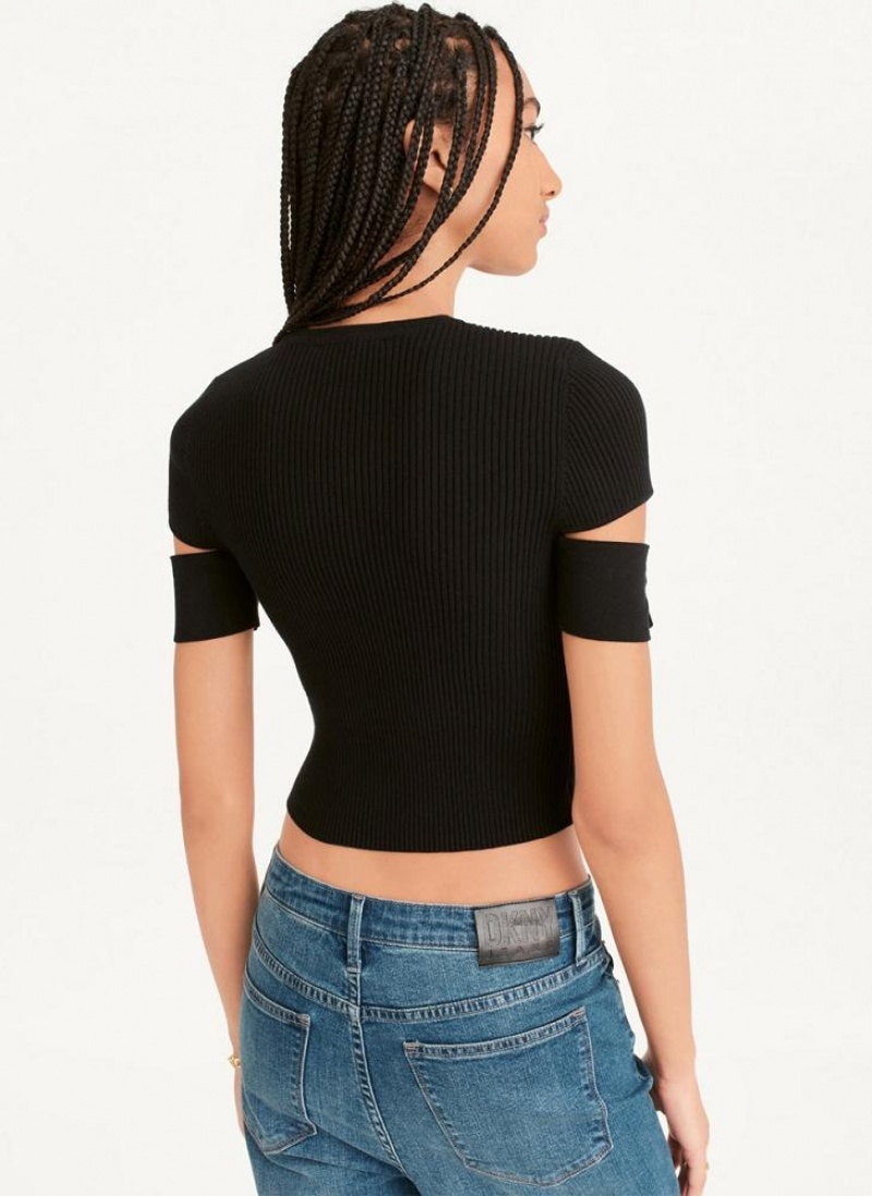 Black DKNY Cut Out Knit Women's T Shirts | USA-D0305