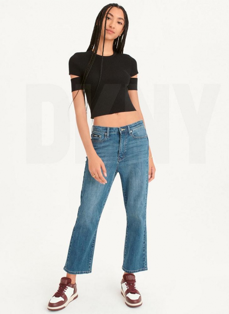 Black DKNY Cut Out Knit Women's T Shirts | USA-D0305