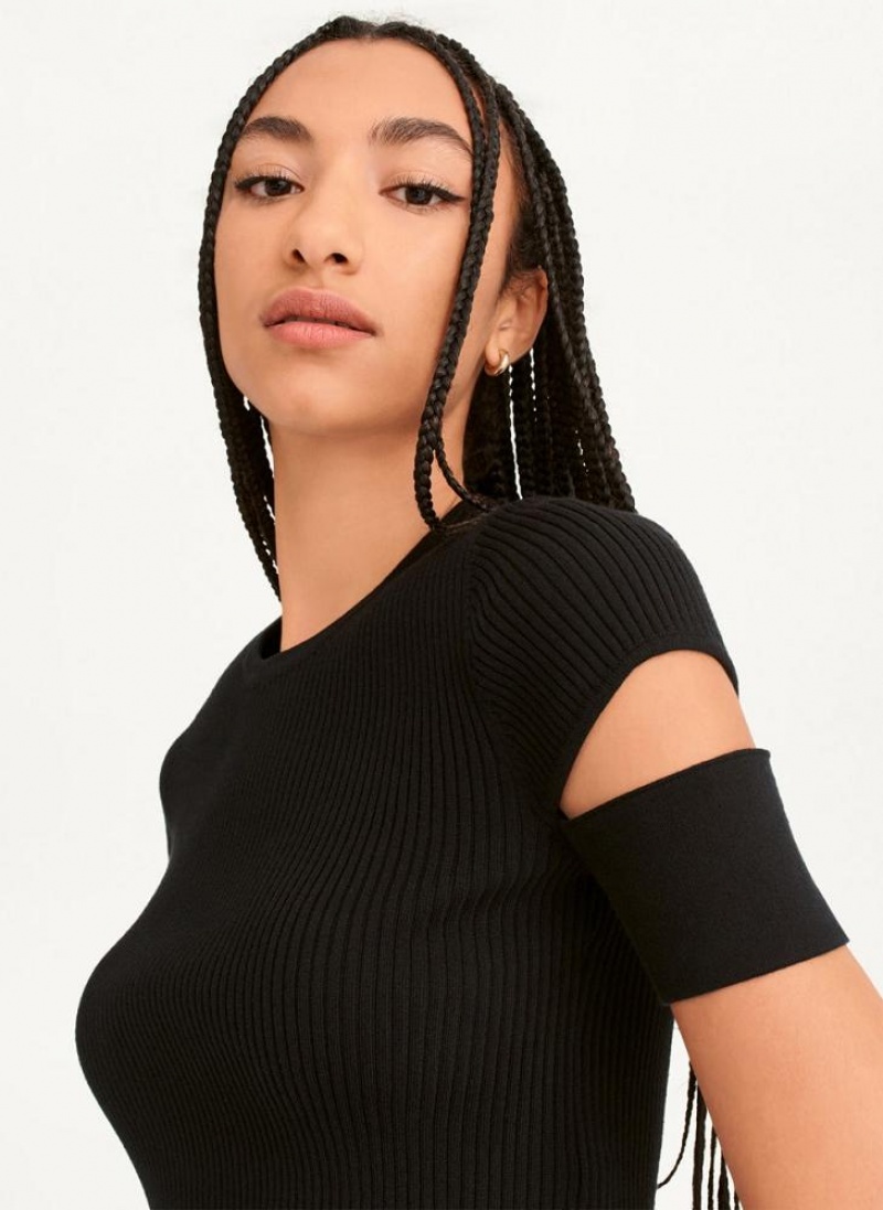 Black DKNY Cut Out Knit Women's T Shirts | USA-D0305