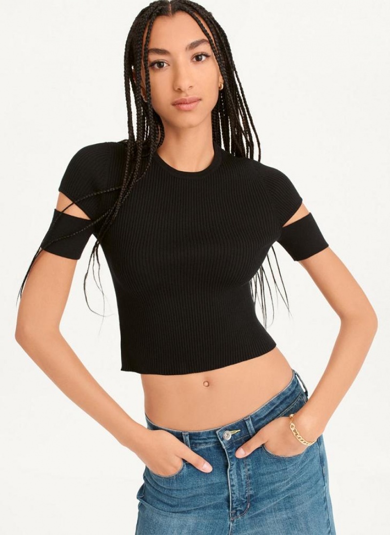 Black DKNY Cut Out Knit Women\'s T Shirts | USA-D0305