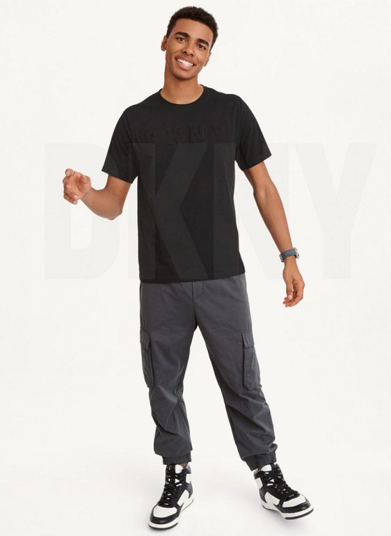 Black DKNY Debossed Logo Men's T Shirts | USA-D1770