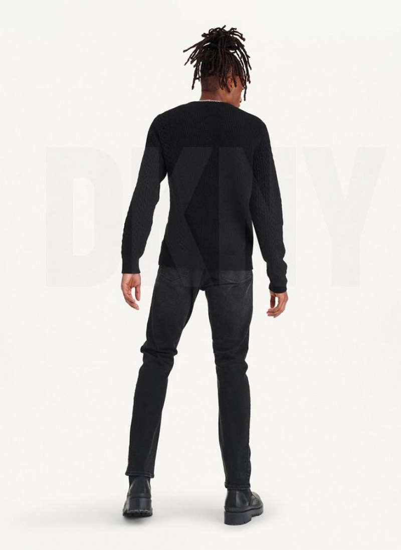 Black DKNY Diagonal Cable Crew Men's Sweaters | USA-D1486