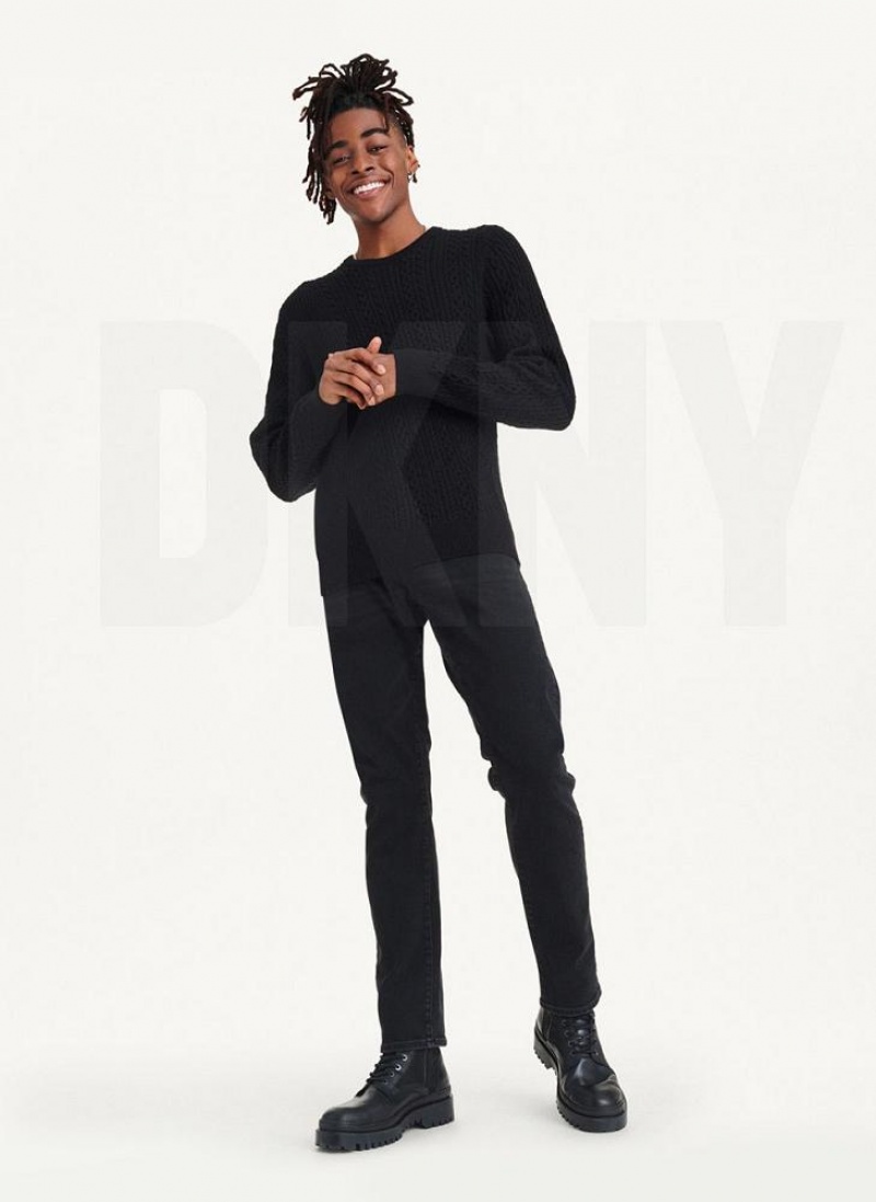 Black DKNY Diagonal Cable Crew Men's Sweaters | USA-D1486