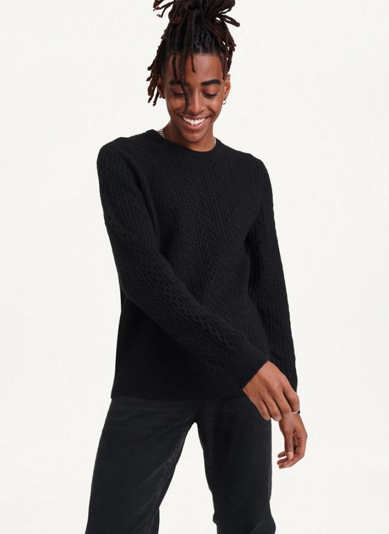 Black DKNY Diagonal Cable Crew Men's Sweaters | USA-D1486