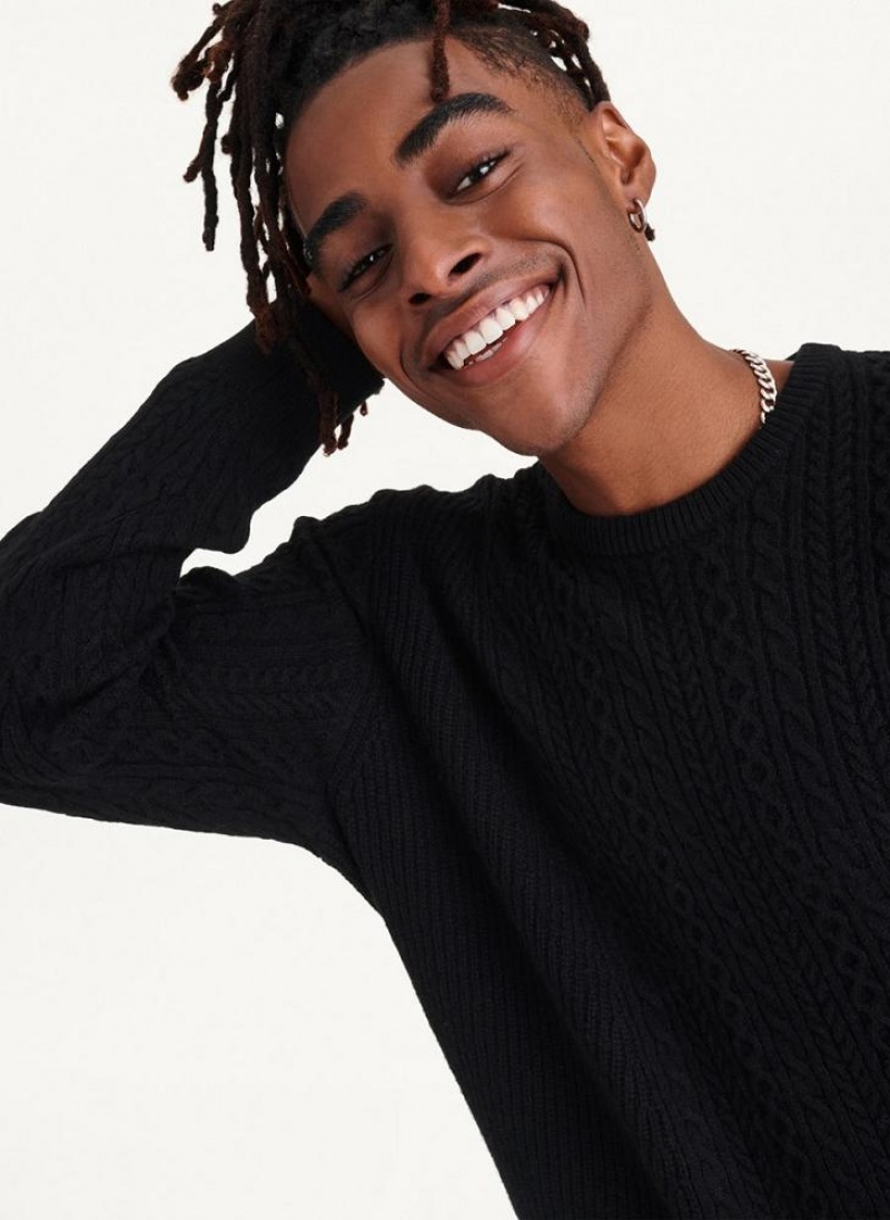 Black DKNY Diagonal Cable Crew Men's Sweaters | USA-D1486