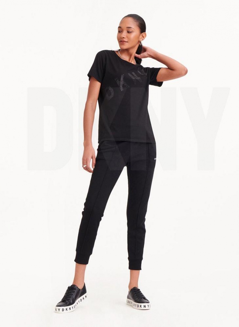 Black DKNY Diagonal Rhinestone Logo Women's T Shirts | USA-D1779