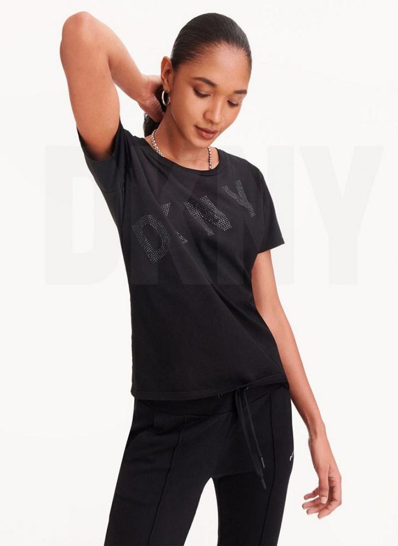 Black DKNY Diagonal Rhinestone Logo Women's T Shirts | USA-D1779