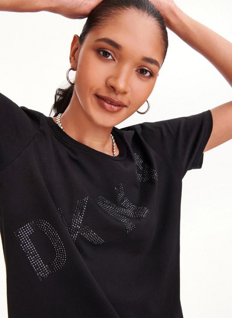 Black DKNY Diagonal Rhinestone Logo Women\'s T Shirts | USA-D1779