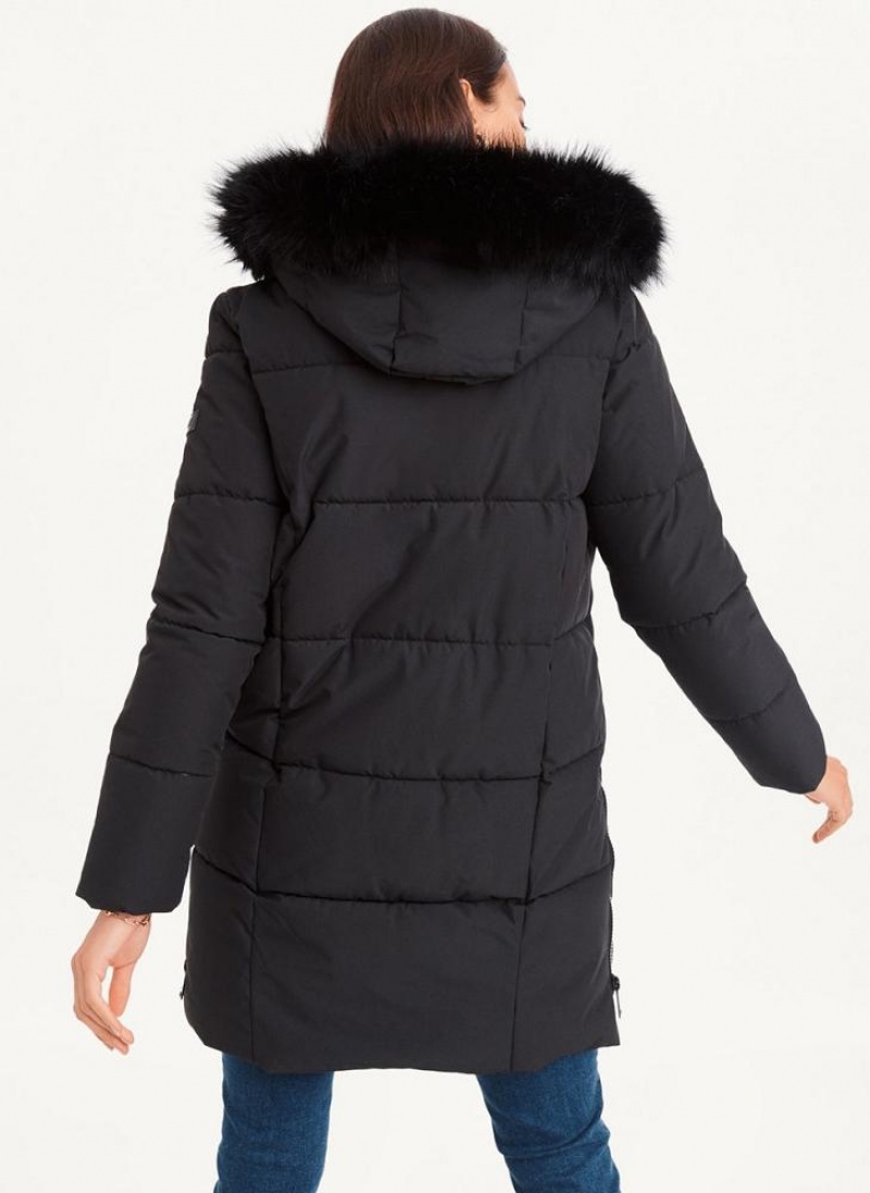 Black DKNY Double-Pocketed Faux-Fur Long Puffer Women's Coats | USA-D1896