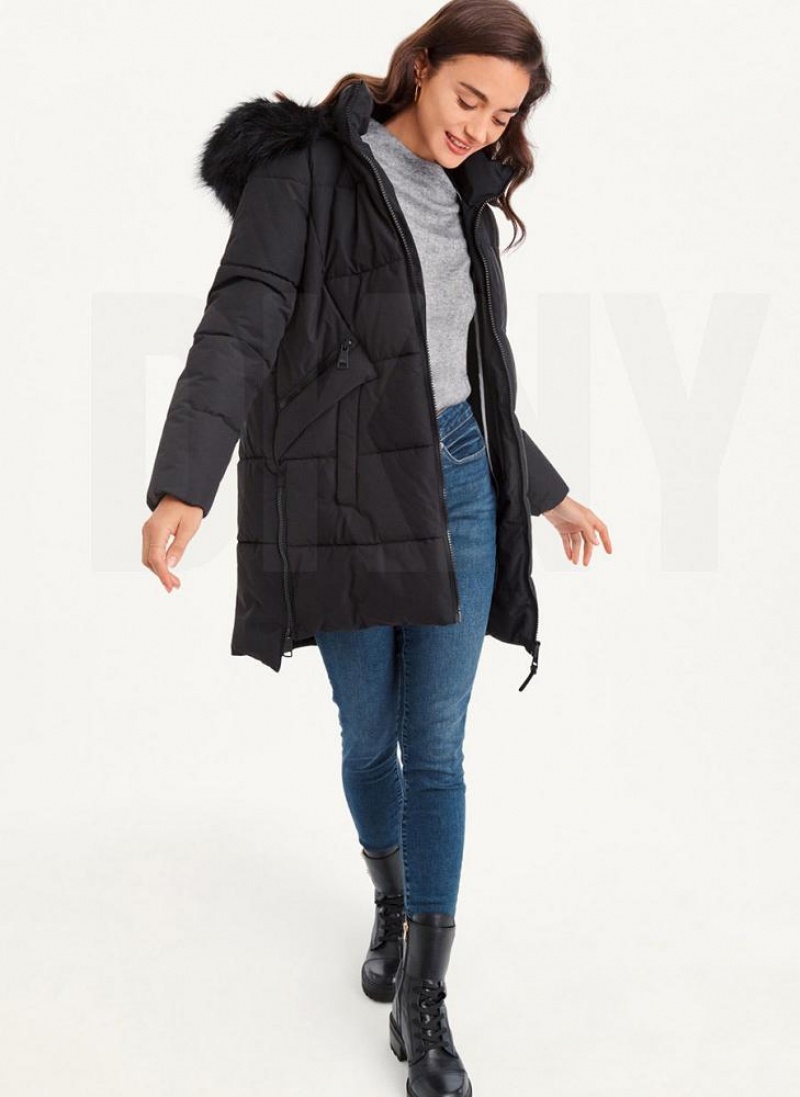 Black DKNY Double-Pocketed Faux-Fur Long Puffer Women's Coats | USA-D1896