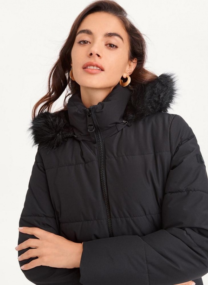 Black DKNY Double-Pocketed Faux-Fur Long Puffer Women's Coats | USA-D1896