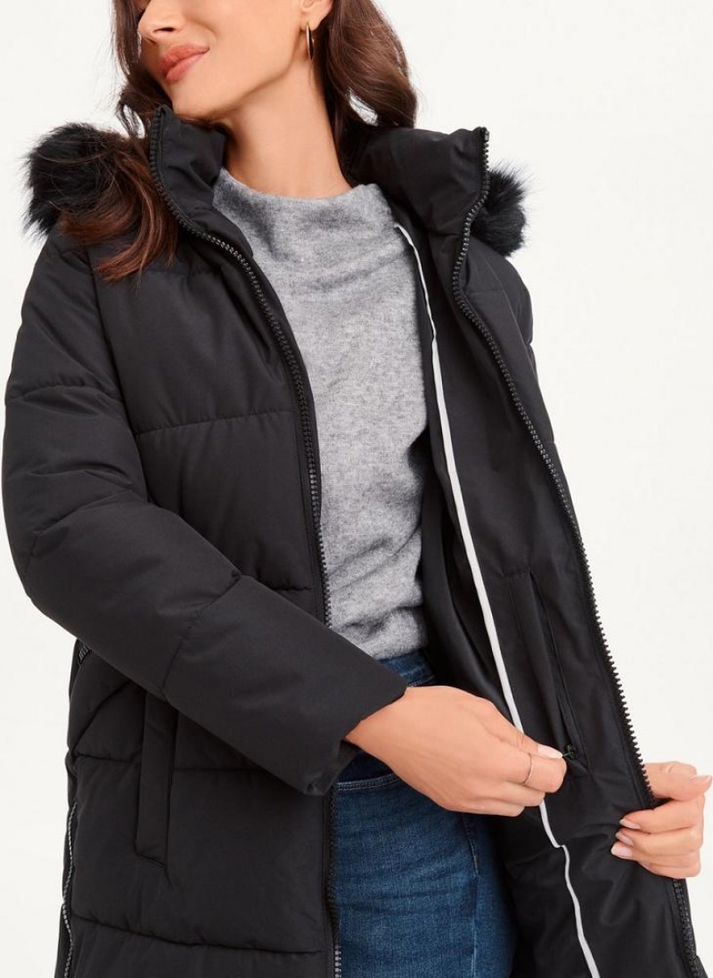 Black DKNY Double-Pocketed Faux-Fur Long Puffer Women's Coats | USA-D1896