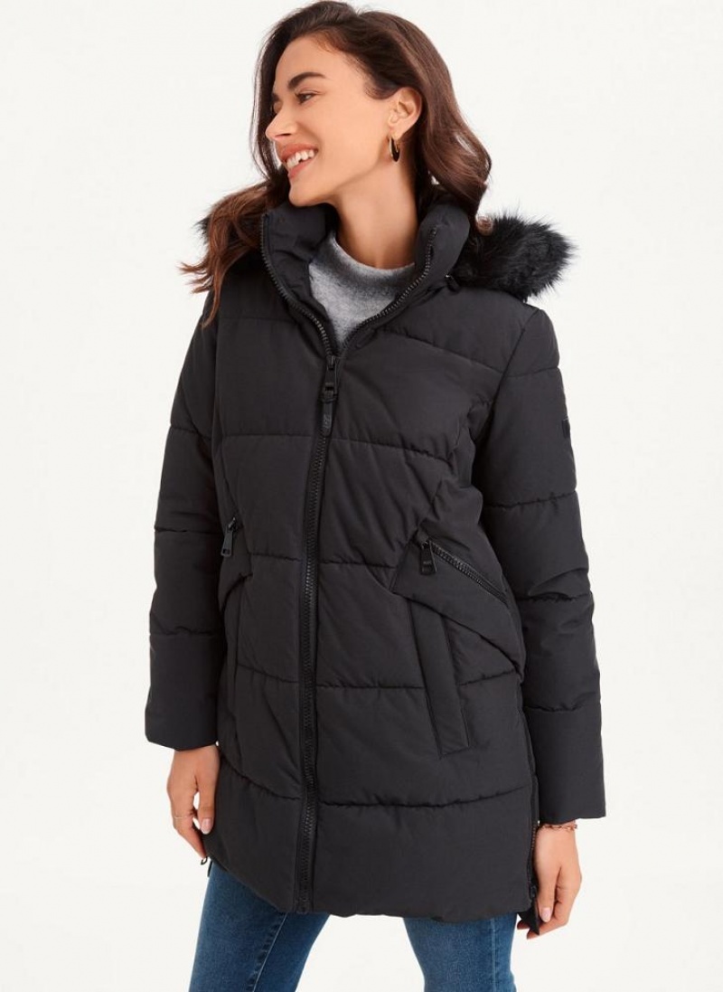 Black DKNY Double-Pocketed Faux-Fur Long Puffer Women\'s Coats | USA-D1896