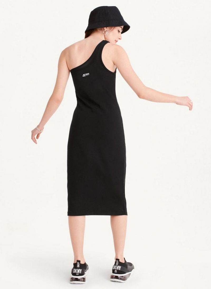 Black DKNY Double Layer One Shoulder Women's Dresses | USA-D1915