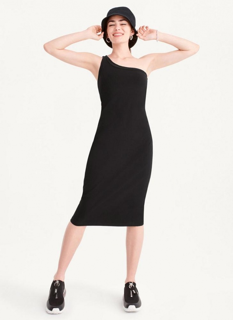 Black DKNY Double Layer One Shoulder Women's Dresses | USA-D1915