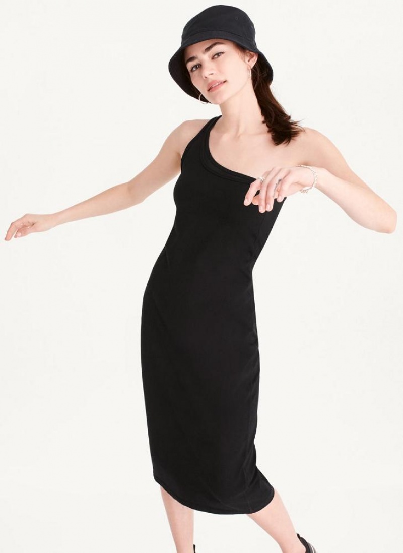 Black DKNY Double Layer One Shoulder Women's Dresses | USA-D1915