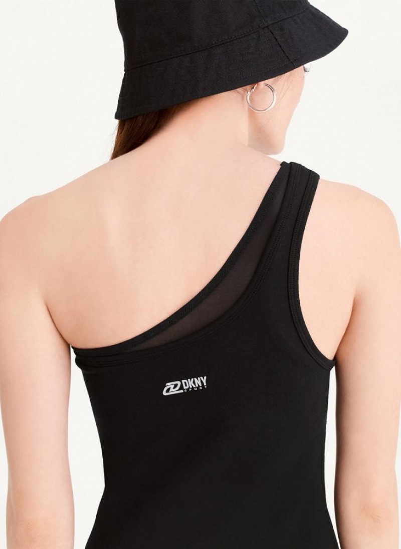 Black DKNY Double Layer One Shoulder Women's Dresses | USA-D1915