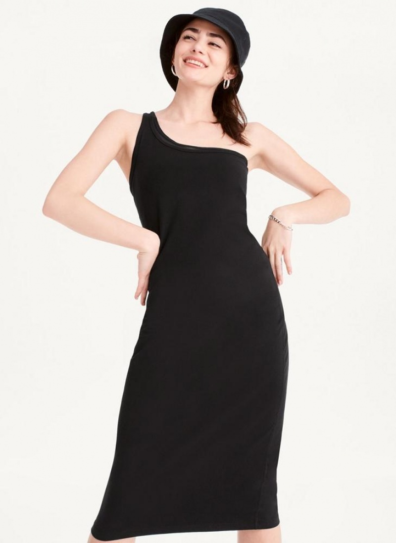 Black DKNY Double Layer One Shoulder Women\'s Dresses | USA-D1915