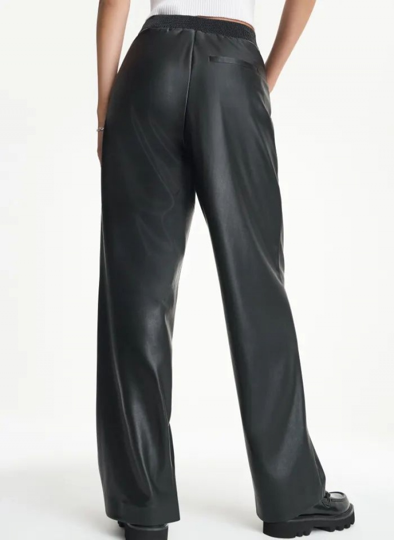 Black DKNY Elastic Rib Waist Faux Leather Women's Pants | USA-D1552