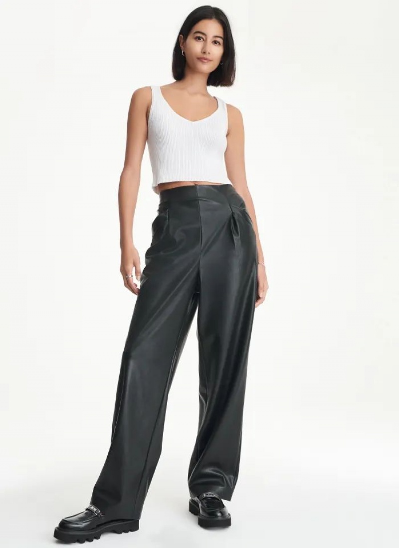 Black DKNY Elastic Rib Waist Faux Leather Women's Pants | USA-D1552