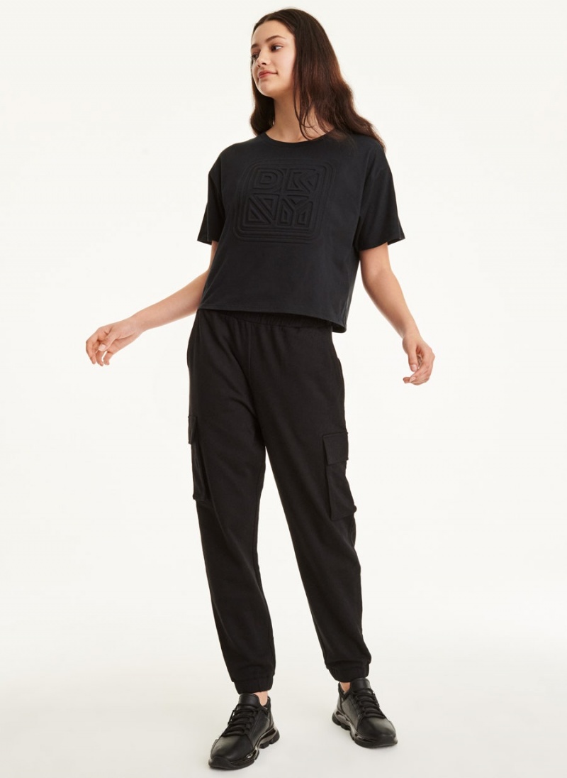 Black DKNY Embossed Logo Jersey Women's T Shirts | USA-D0451