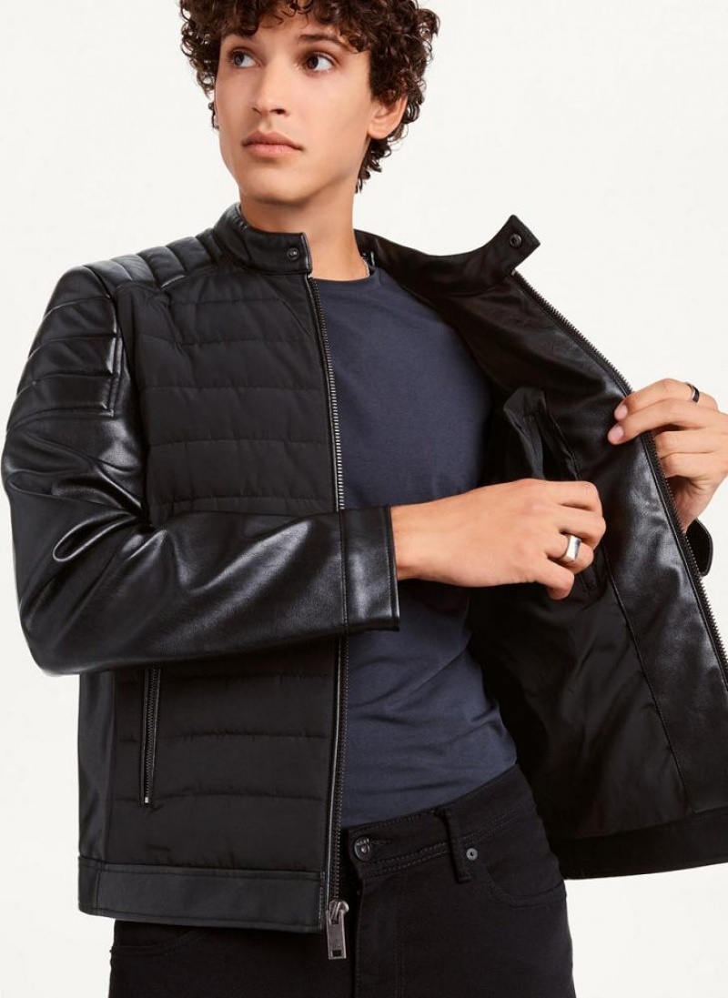 Black DKNY Faux-Leather Contrast Motocross Men's Jackets | USA-D1676