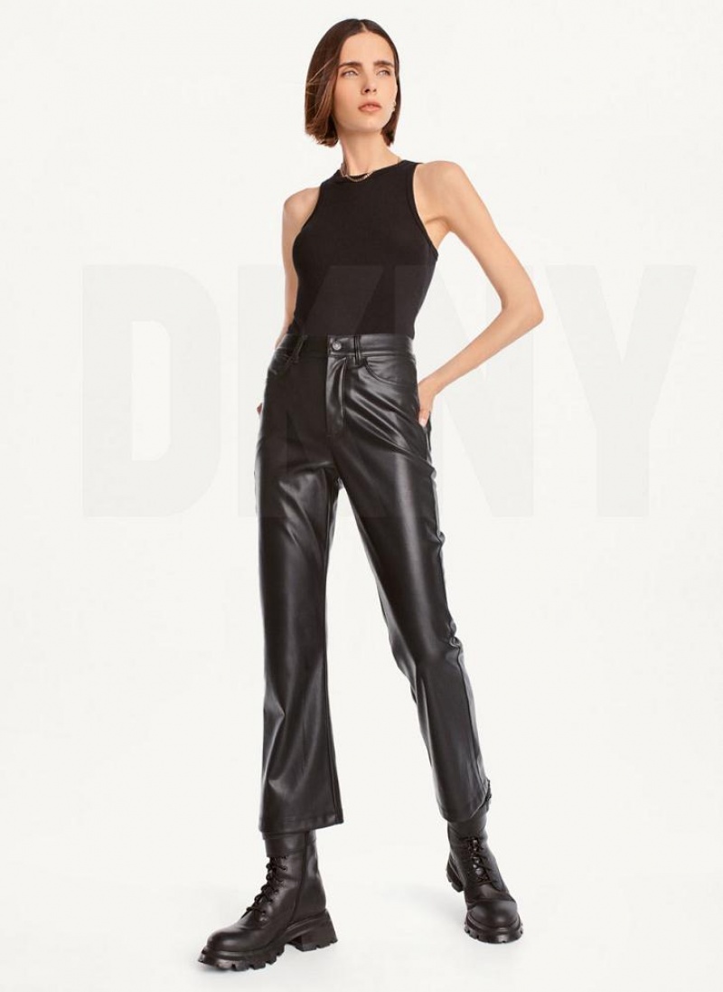 Black DKNY Faux-Leather Kick Flare Women's Pants | USA-D1987