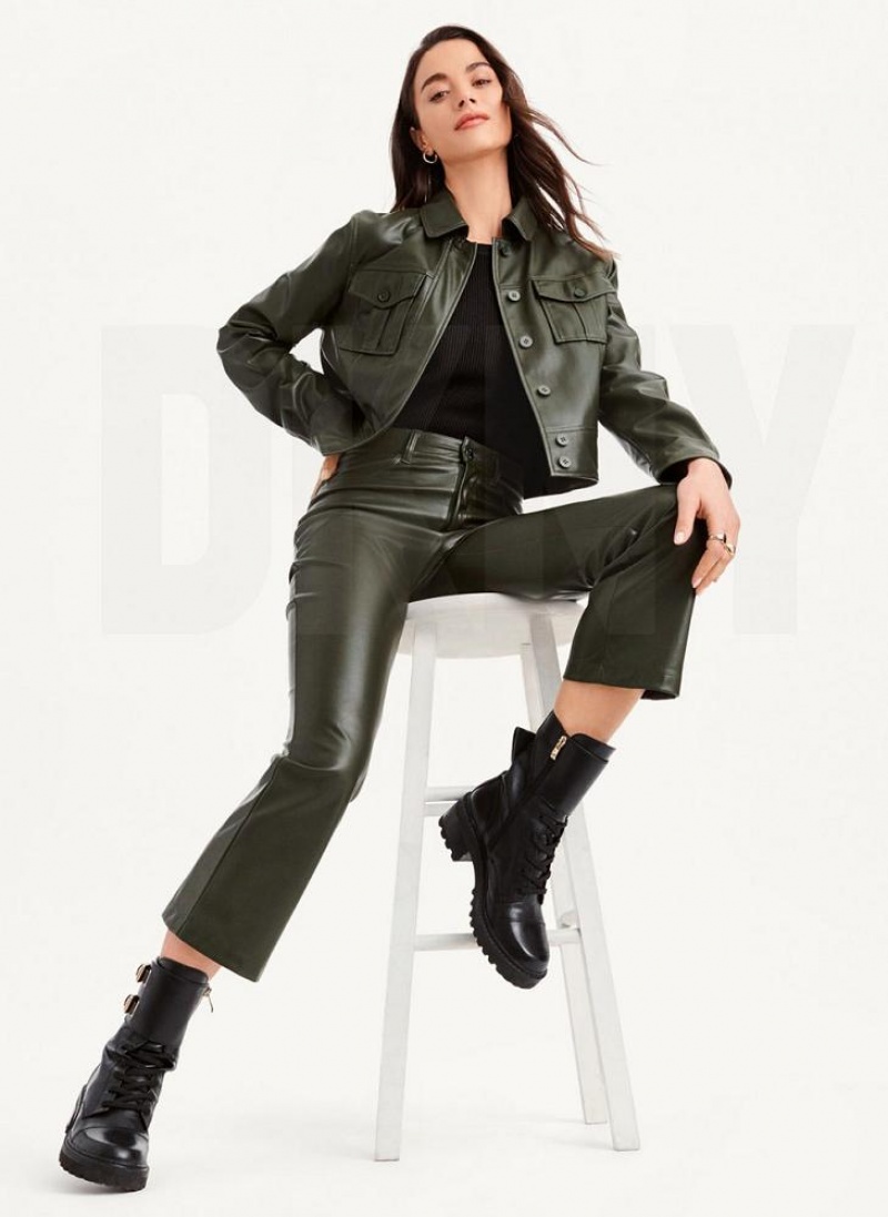 Black DKNY Faux-Leather Kick Flare Women's Pants | USA-D0866