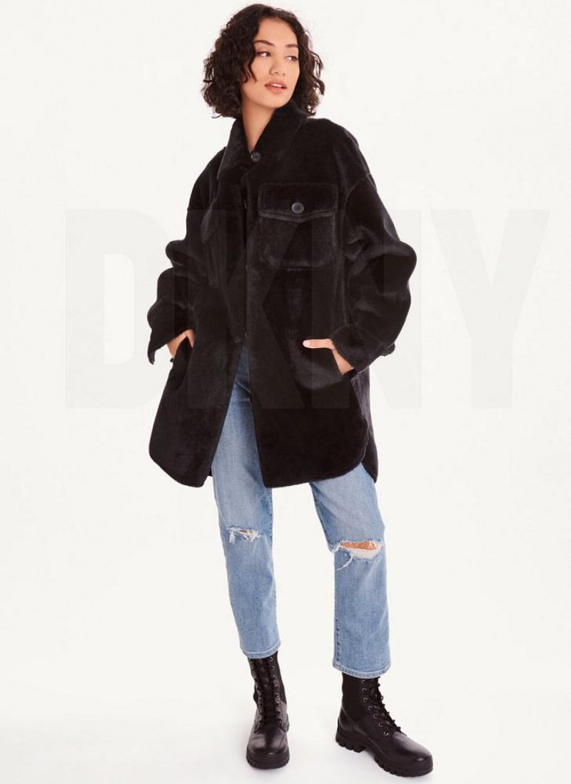 Black DKNY Faux Fur Shacket Women's Coats | USA-D1521