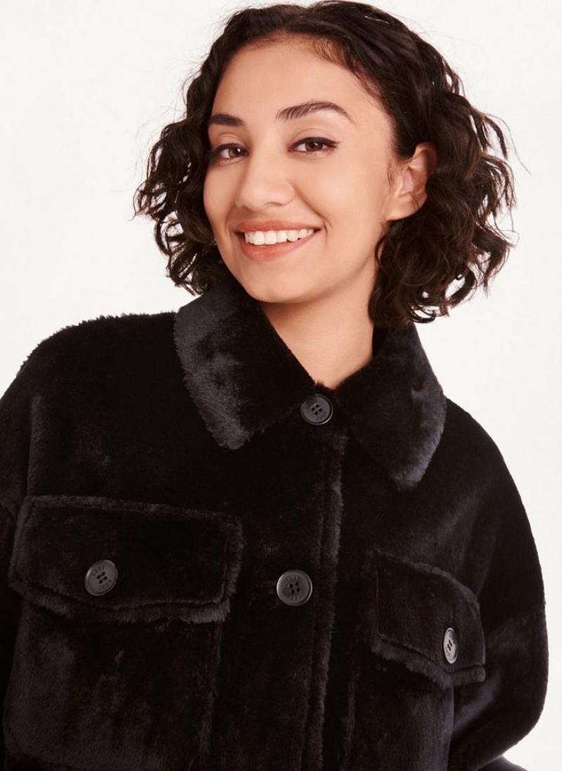 Black DKNY Faux Fur Shacket Women's Coats | USA-D1521