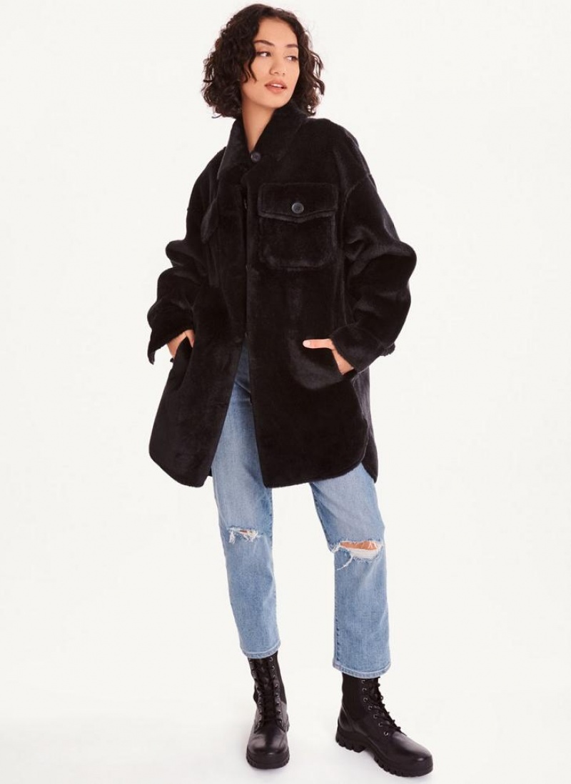 Black DKNY Faux Fur Shacket Women's Jackets | USA-D1081