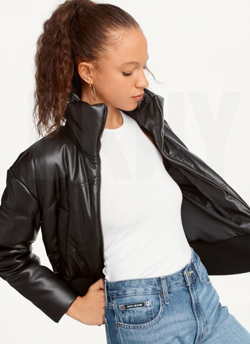 Black DKNY Faux Leather Cropped Bomber Women's Jackets | USA-D0614