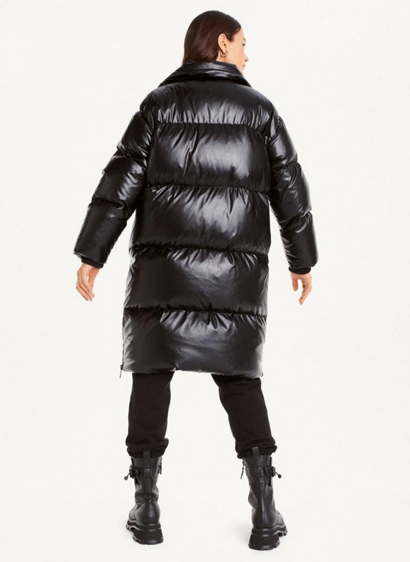 Black DKNY Faux Leather Long Puffer Women's Coats | USA-D0935