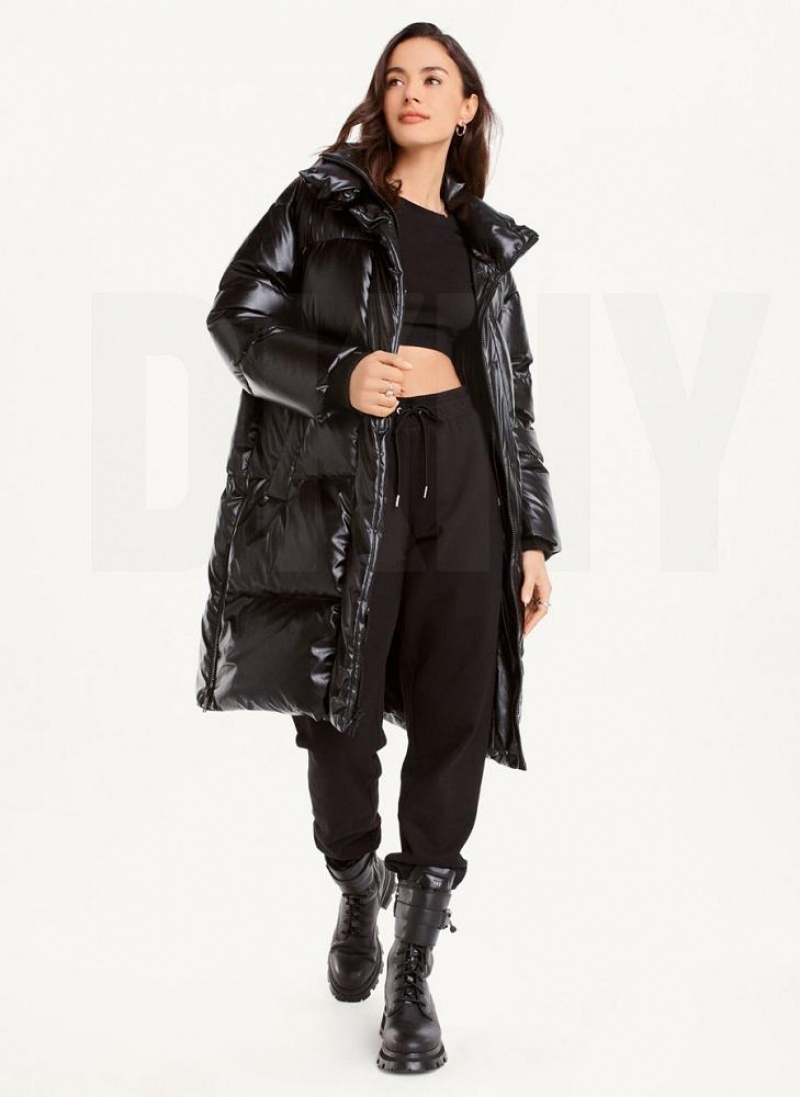 Black DKNY Faux Leather Long Puffer Women's Coats | USA-D0935