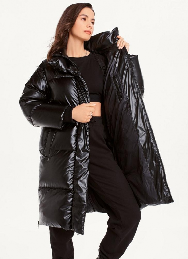 Black DKNY Faux Leather Long Puffer Women's Coats | USA-D0935