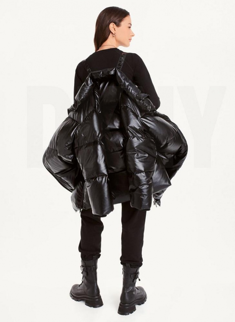Black DKNY Faux Leather Long Puffer Women's Coats | USA-D0935