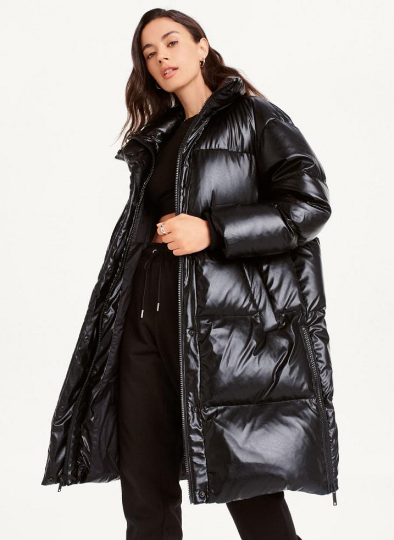 Black DKNY Faux Leather Long Puffer Women\'s Coats | USA-D0935